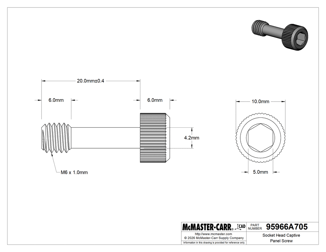 Technical Drawing of Socket Head Captive Panel Screw, M6 x 1 mm Thread, 20 mm Long.